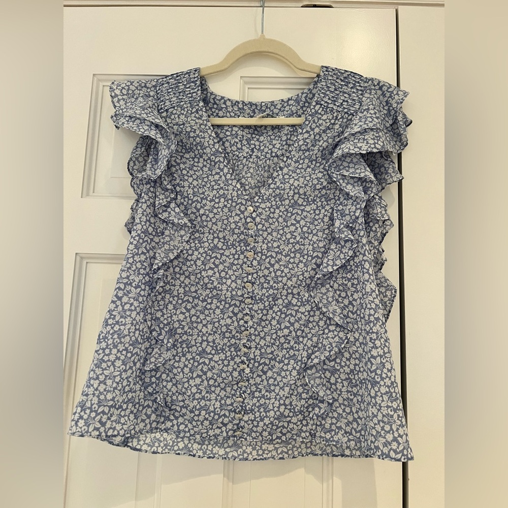 Veronica Beard Blue and White Floral Ruffle Blouse